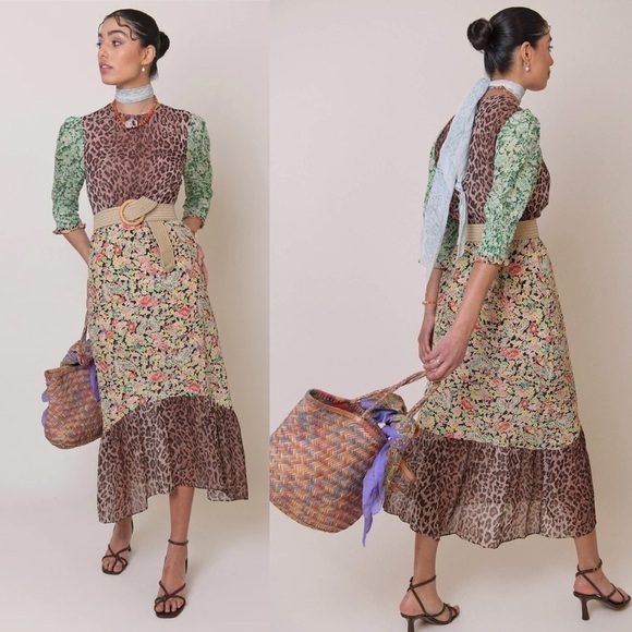 Rixo Dress Saffron Silk Crepe Keyhole Midi Black Green Meadow Leopard S GUC - Picture 9 of 10